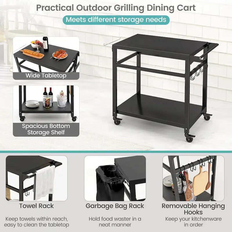 Chariot de barbecue extérieur Gymax avec support pour four à pizza, crochets d’étagère et fermeture verrouillable