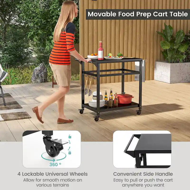 Chariot de barbecue extérieur Gymax avec support pour four à pizza, crochets d’étagère et fermeture verrouillable