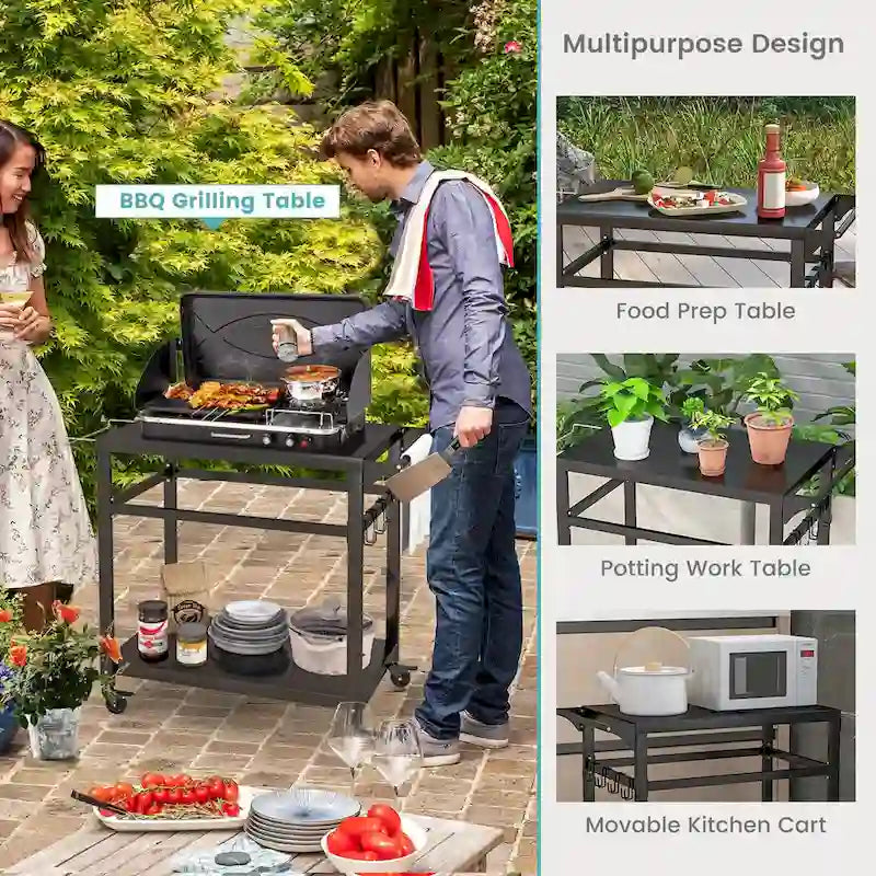 Chariot de barbecue extérieur Gymax avec support pour four à pizza, crochets d’étagère et fermeture verrouillable