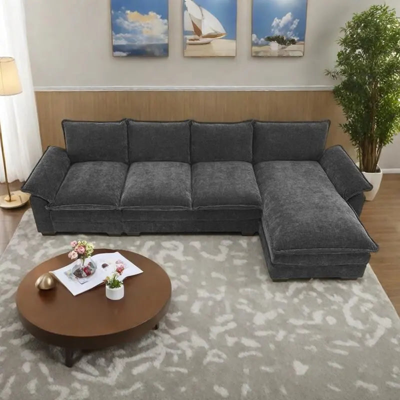 118 Chenille-Ecksofa in L-Form mit wendbarer Ottomane, 5-Sitzer-Cloud-Sofa mit Armlehnenstauraum und Kissen