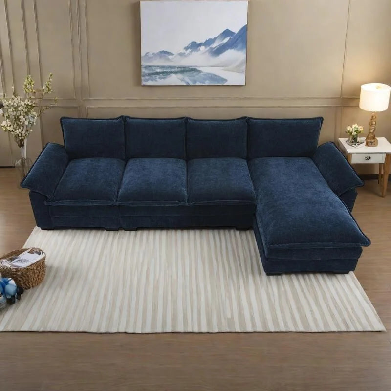 118 Chenille-Ecksofa in L-Form mit wendbarer Ottomane, 5-Sitzer-Cloud-Sofa mit Armlehnenstauraum und Kissen