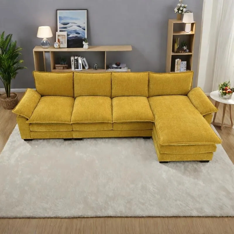 118 Chenille-Ecksofa in L-Form mit wendbarer Ottomane, 5-Sitzer-Cloud-Sofa mit Armlehnenstauraum und Kissen