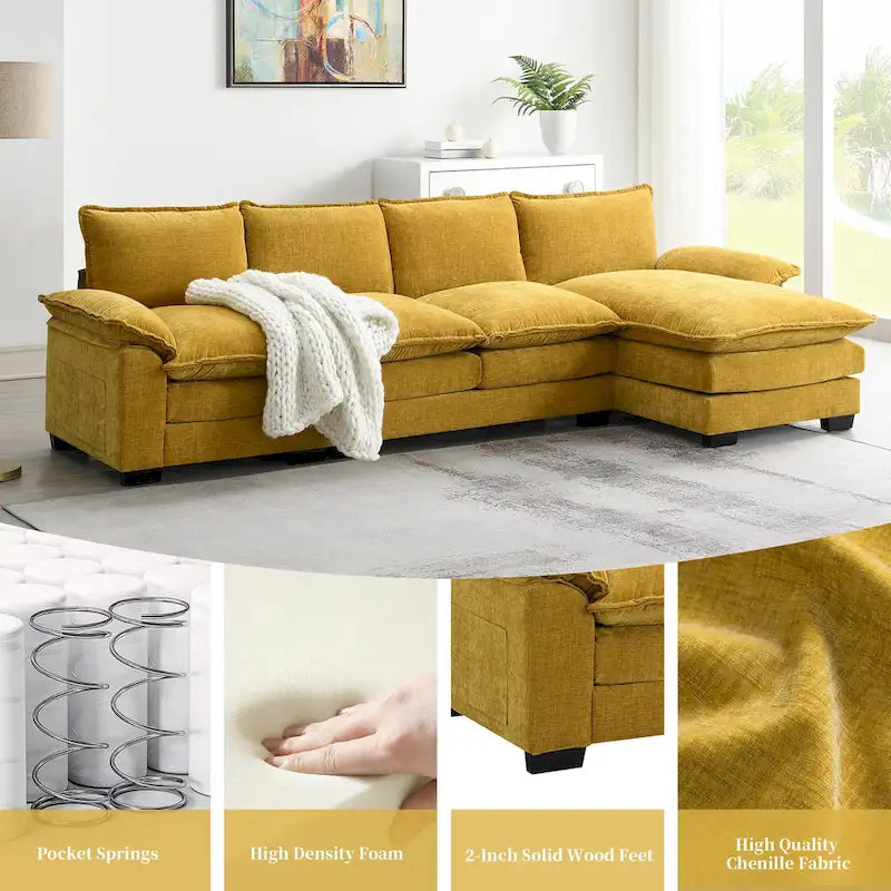 Sofá seccional en forma de L de chenilla 118 con chaise reversible, sofá tipo nube de 5 plazas y almacenamiento en el reposabrazos con cojines