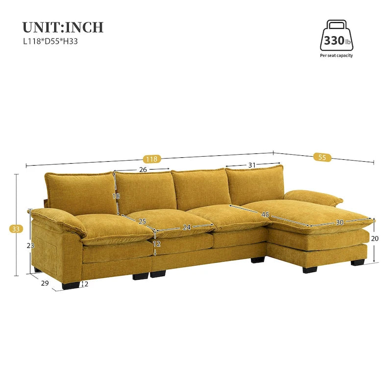 Sofá seccional en forma de L de chenilla 118 con chaise reversible, sofá tipo nube de 5 plazas y almacenamiento en el reposabrazos con cojines