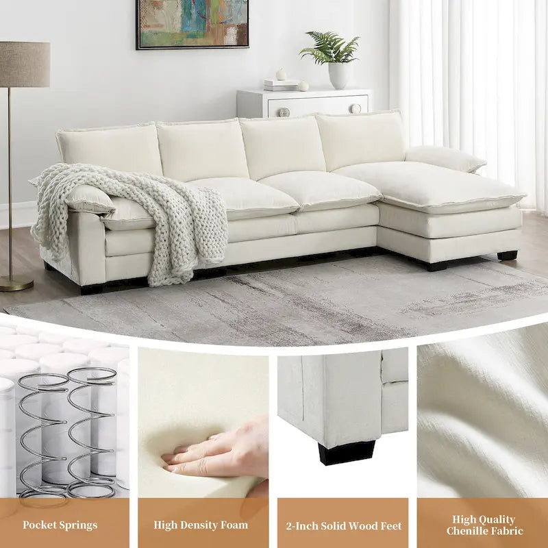 Sofá seccional en forma de L de chenilla 118 con chaise reversible, sofá tipo nube de 5 plazas y almacenamiento en el reposabrazos con cojines