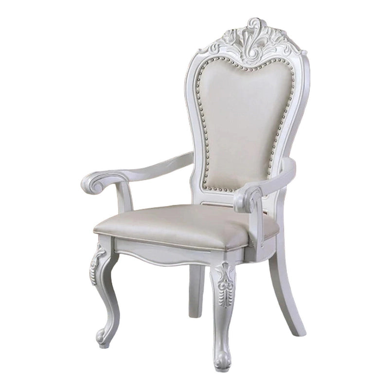 Zenie Yemek Odası Kolçaklı Sandalye 2'li Set, Oymalı Cabriole, Suni Deri, Beyaz Ahşap