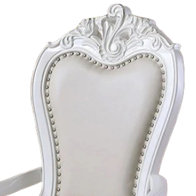 Zenie Yemek Odası Kolçaklı Sandalye 2'li Set, Oymalı Cabriole, Suni Deri, Beyaz Ahşap