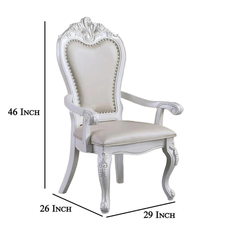 Zenie Yemek Odası Kolçaklı Sandalye 2'li Set, Oymalı Cabriole, Suni Deri, Beyaz Ahşap
