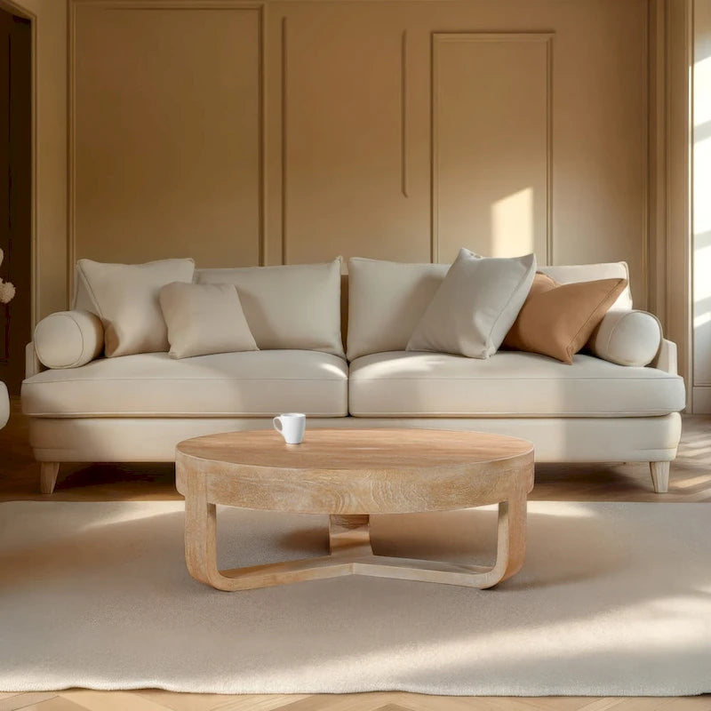 Mesa de centro Milan, superficie redonda de 32 pulgadas, madera de mango con acabado marrón natural arenado, base tipo trineo abierta