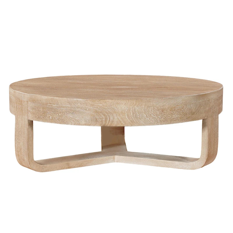 Mesa de centro Milan, superficie redonda de 32 pulgadas, madera de mango con acabado marrón natural arenado, base tipo trineo abierta