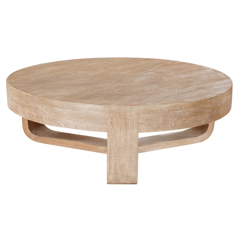 Mesa de centro Milan, superficie redonda de 32 pulgadas, madera de mango con acabado marrón natural arenado, base tipo trineo abierta