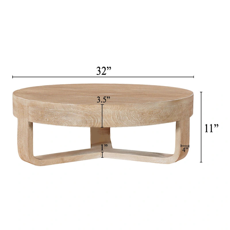Mesa de centro Milan, superficie redonda de 32 pulgadas, madera de mango con acabado marrón natural arenado, base tipo trineo abierta