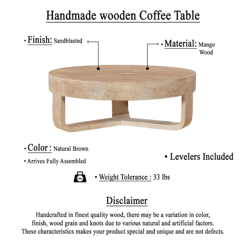 Mesa de centro Milan, superficie redonda de 32 pulgadas, madera de mango con acabado marrón natural arenado, base tipo trineo abierta