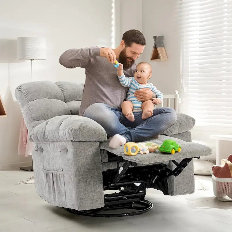 Hintáztatható recliner fotel, 360°-ban forgatható hintaszék nappaliba, kárpitozott szövet vitorlázószék oldalsó ...
