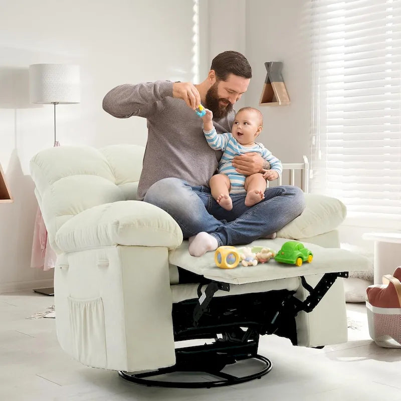 Hintáztatható recliner fotel, 360°-ban forgatható hintaszék nappaliba, kárpitozott szövet vitorlázószék oldalsó ...