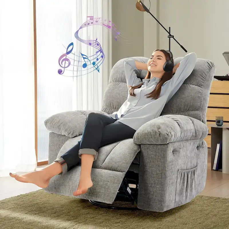 Hintáztatható recliner fotel, 360°-ban forgatható hintaszék nappaliba, kárpitozott szövet vitorlázószék oldalsó ...