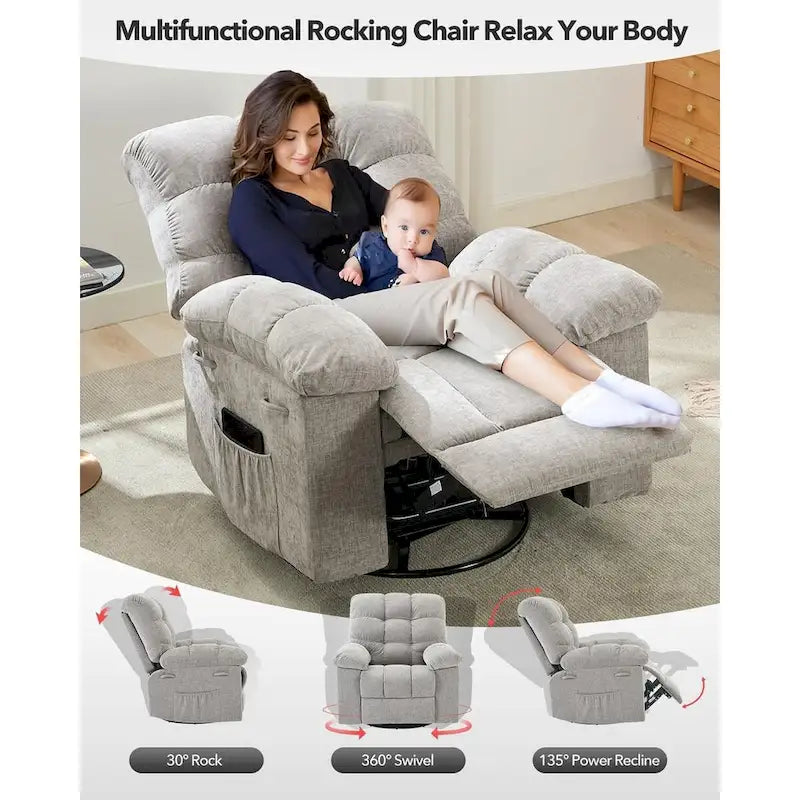 Hintáztatható recliner fotel, 360°-ban forgatható hintaszék nappaliba, kárpitozott szövet vitorlázószék oldalsó ...