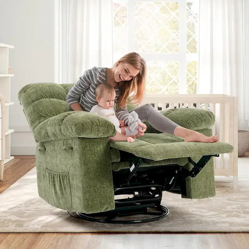 Hintáztatható recliner fotel, 360°-ban forgatható hintaszék nappaliba, kárpitozott szövet vitorlázószék oldalsó ...