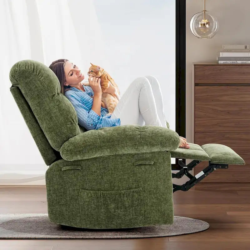 Hintáztatható recliner fotel, 360°-ban forgatható hintaszék nappaliba, kárpitozott szövet vitorlázószék oldalsó ...