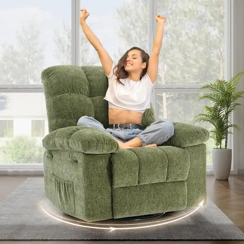 Hintáztatható recliner fotel, 360°-ban forgatható hintaszék nappaliba, kárpitozott szövet vitorlázószék oldalsó ...