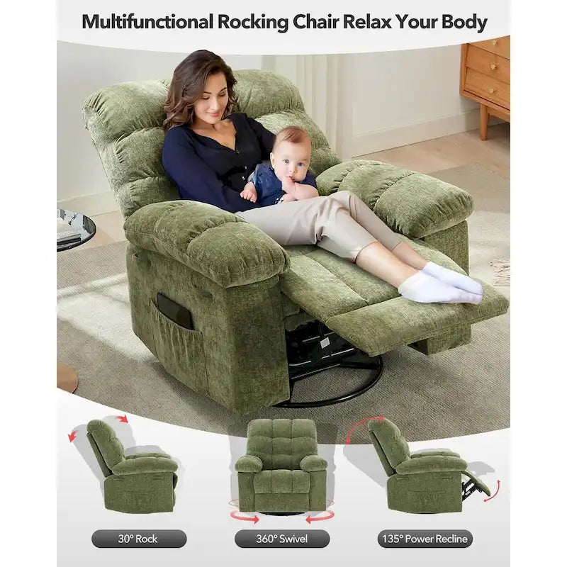 Hintáztatható recliner fotel, 360°-ban forgatható hintaszék nappaliba, kárpitozott szövet vitorlázószék oldalsó ...