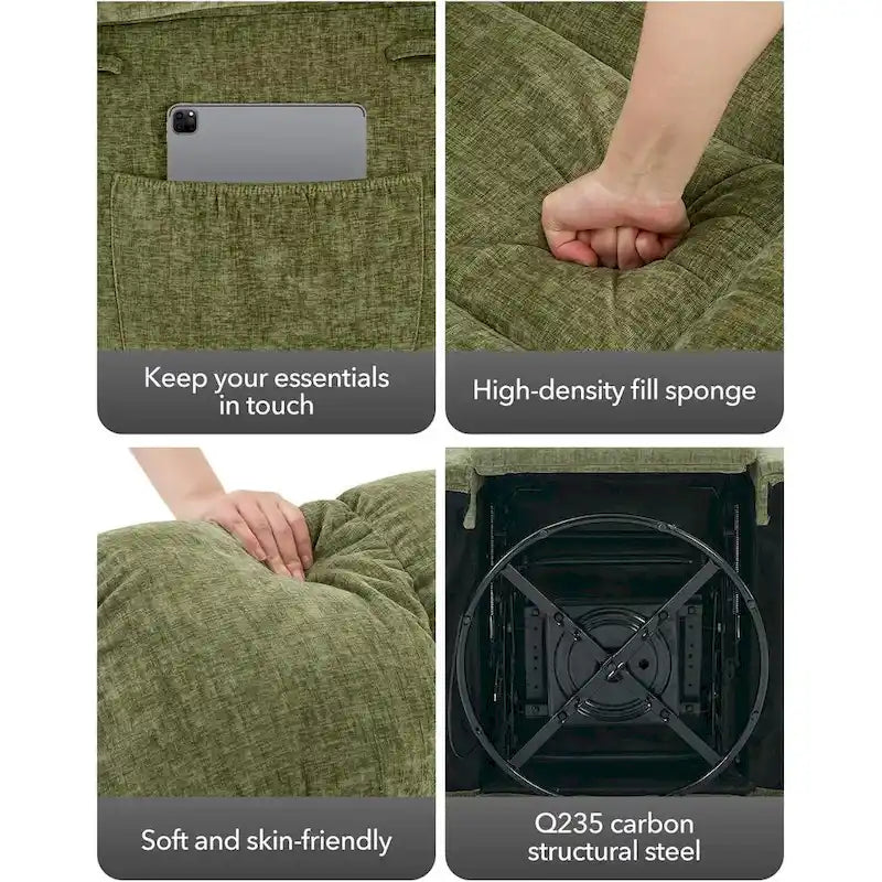 Hintáztatható recliner fotel, 360°-ban forgatható hintaszék nappaliba, kárpitozott szövet vitorlázószék oldalsó ...