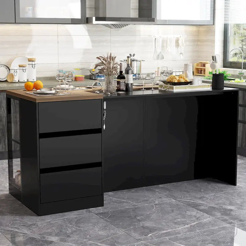 Isola da cucina con cassetti e ante in vetro, convertibile in scrivania da ufficio