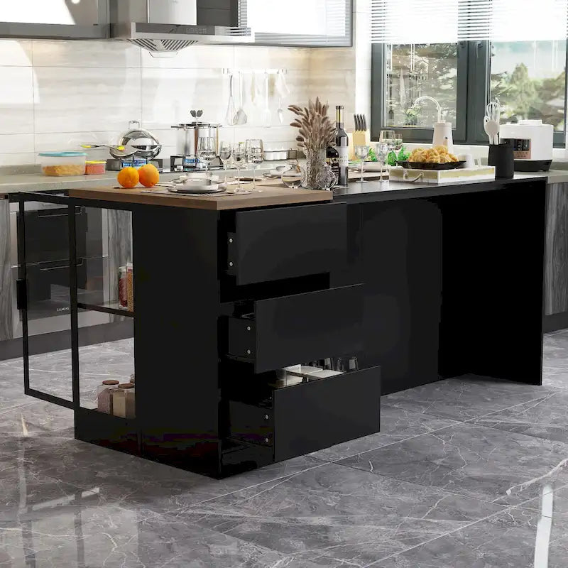 Isola da cucina con cassetti e ante in vetro, convertibile in scrivania da ufficio