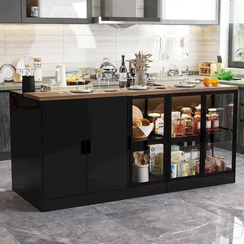 Isola da cucina con cassetti e ante in vetro, convertibile in scrivania da ufficio