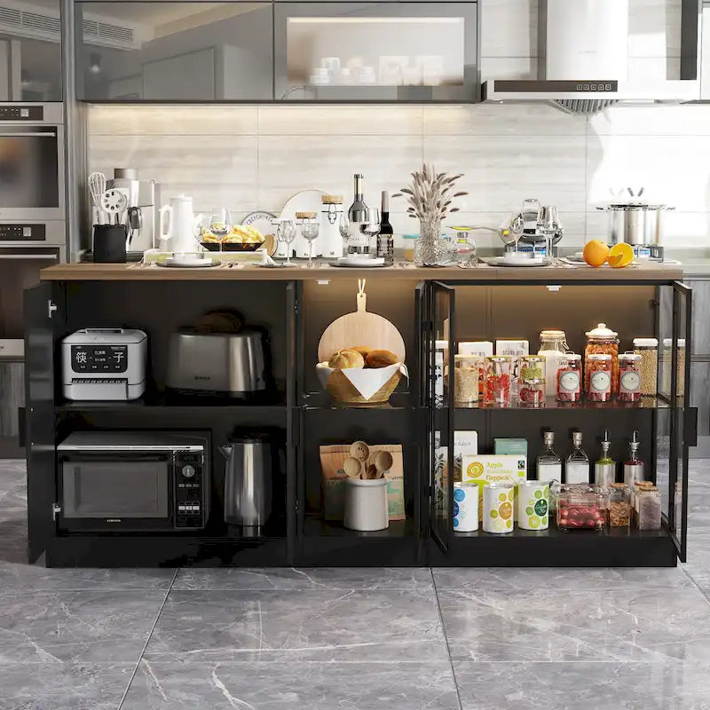 Isola da cucina con cassetti e ante in vetro, convertibile in scrivania da ufficio