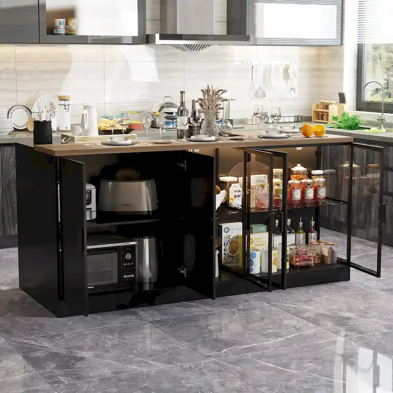 Isola da cucina con cassetti e ante in vetro, convertibile in scrivania da ufficio