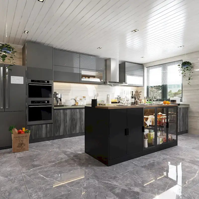 Isola da cucina con cassetti e ante in vetro, convertibile in scrivania da ufficio