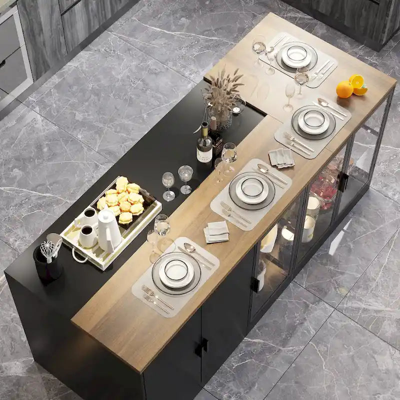 Isola da cucina con cassetti e ante in vetro, convertibile in scrivania da ufficio
