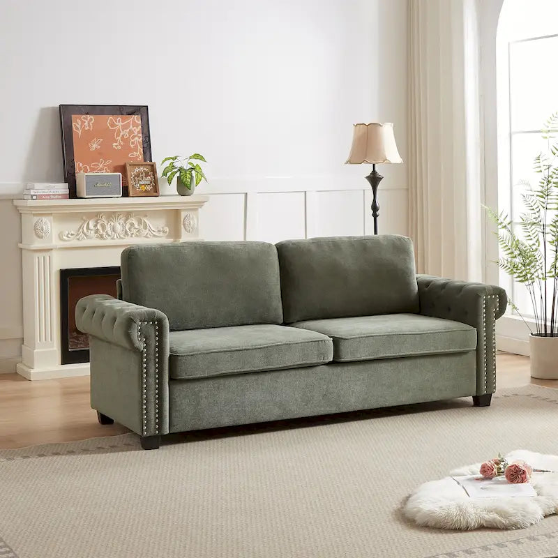Grünes, 83,8 Zoll großes, ausziehbares Schlafsofa aus Polyester für 3 Personen mit 2-in-1-Funktion, Nagelkopfverzierung und faltbarer Matratze für das Wohnzimmer