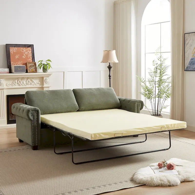 Grünes, 83,8 Zoll großes, ausziehbares Schlafsofa aus Polyester für 3 Personen mit 2-in-1-Funktion, Nagelkopfverzierung und faltbarer Matratze für das Wohnzimmer