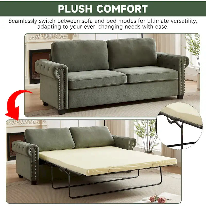 Grünes, 83,8 Zoll großes, ausziehbares Schlafsofa aus Polyester für 3 Personen mit 2-in-1-Funktion, Nagelkopfverzierung und faltbarer Matratze für das Wohnzimmer