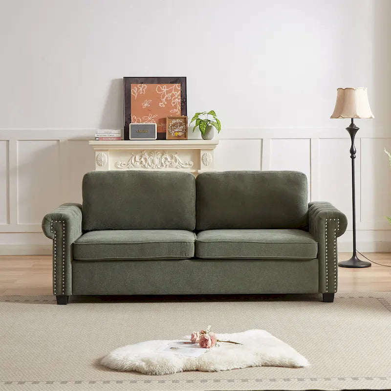 Grünes, 83,8 Zoll großes, ausziehbares Schlafsofa aus Polyester für 3 Personen mit 2-in-1-Funktion, Nagelkopfverzierung und faltbarer Matratze für das Wohnzimmer