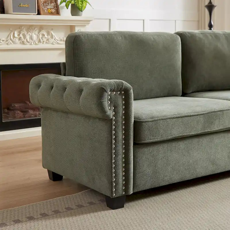 Grünes, 83,8 Zoll großes, ausziehbares Schlafsofa aus Polyester für 3 Personen mit 2-in-1-Funktion, Nagelkopfverzierung und faltbarer Matratze für das Wohnzimmer