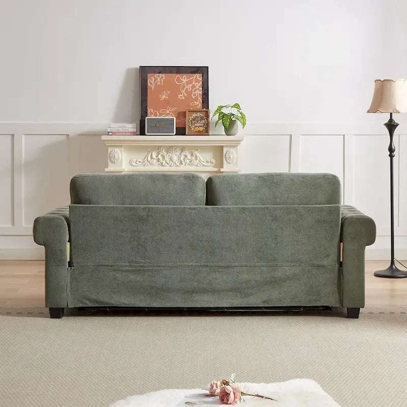 Grünes, 83,8 Zoll großes, ausziehbares Schlafsofa aus Polyester für 3 Personen mit 2-in-1-Funktion, Nagelkopfverzierung und faltbarer Matratze für das Wohnzimmer