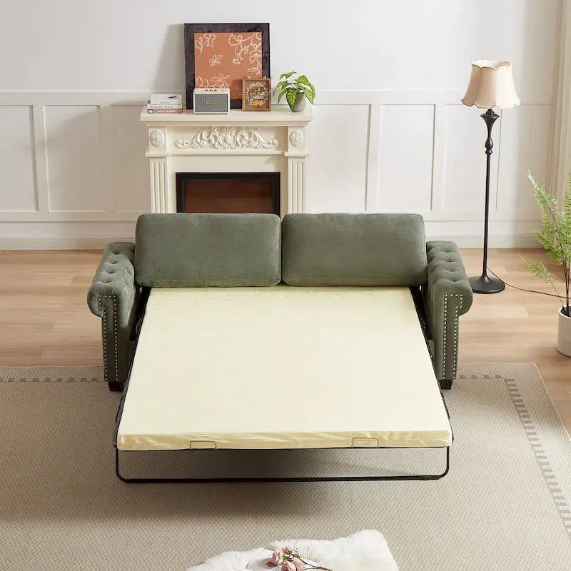 Grünes, 83,8 Zoll großes, ausziehbares Schlafsofa aus Polyester für 3 Personen mit 2-in-1-Funktion, Nagelkopfverzierung und faltbarer Matratze für das Wohnzimmer