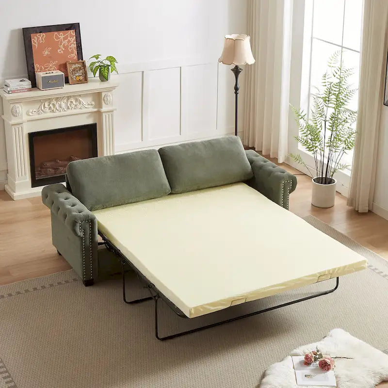Grünes, 83,8 Zoll großes, ausziehbares Schlafsofa aus Polyester für 3 Personen mit 2-in-1-Funktion, Nagelkopfverzierung und faltbarer Matratze für das Wohnzimmer