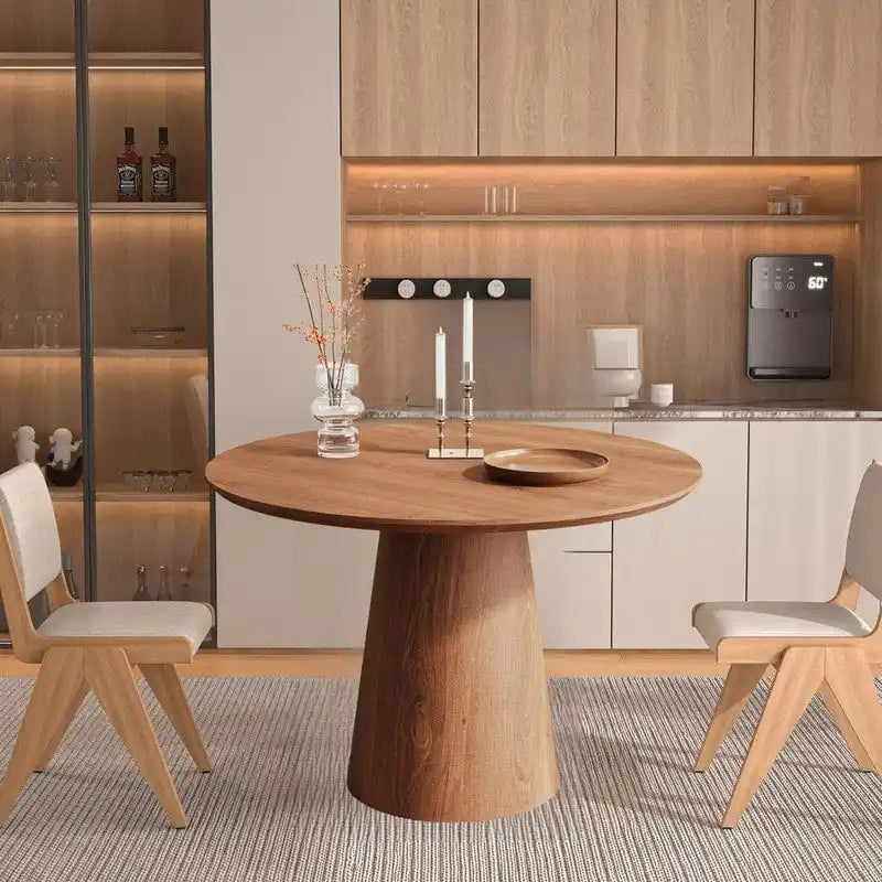Table ronde de salle à manger pour 4 à 6 personnes, avec veinure naturelle du bois et piétement conique en bois, style rustique minimaliste