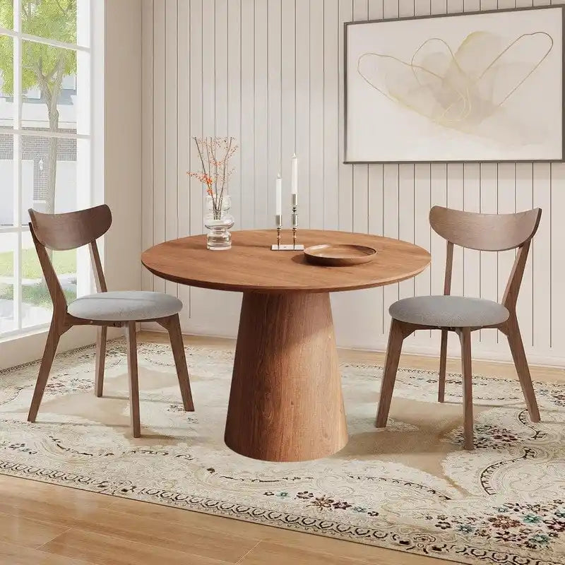 Table ronde de salle à manger pour 4 à 6 personnes, avec veinure naturelle du bois et piétement conique en bois, style rustique minimaliste