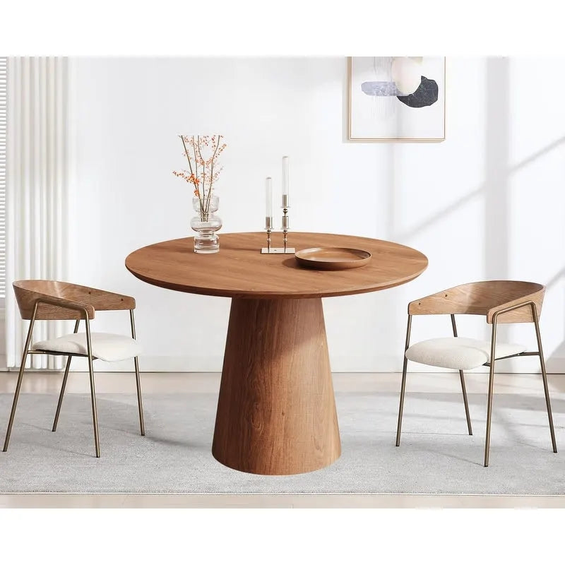 Table ronde de salle à manger pour 4 à 6 personnes, avec veinure naturelle du bois et piétement conique en bois, style rustique minimaliste