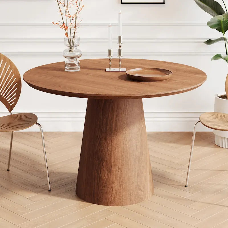Table ronde de salle à manger pour 4 à 6 personnes, avec veinure naturelle du bois et piétement conique en bois, style rustique minimaliste