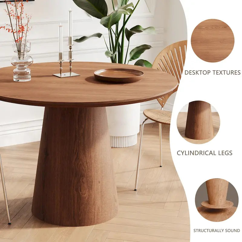 Table ronde de salle à manger pour 4 à 6 personnes, avec veinure naturelle du bois et piétement conique en bois, style rustique minimaliste