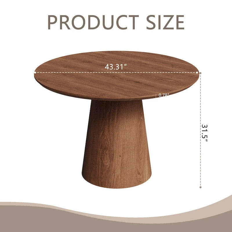 Table ronde de salle à manger pour 4 à 6 personnes, avec veinure naturelle du bois et piétement conique en bois, style rustique minimaliste