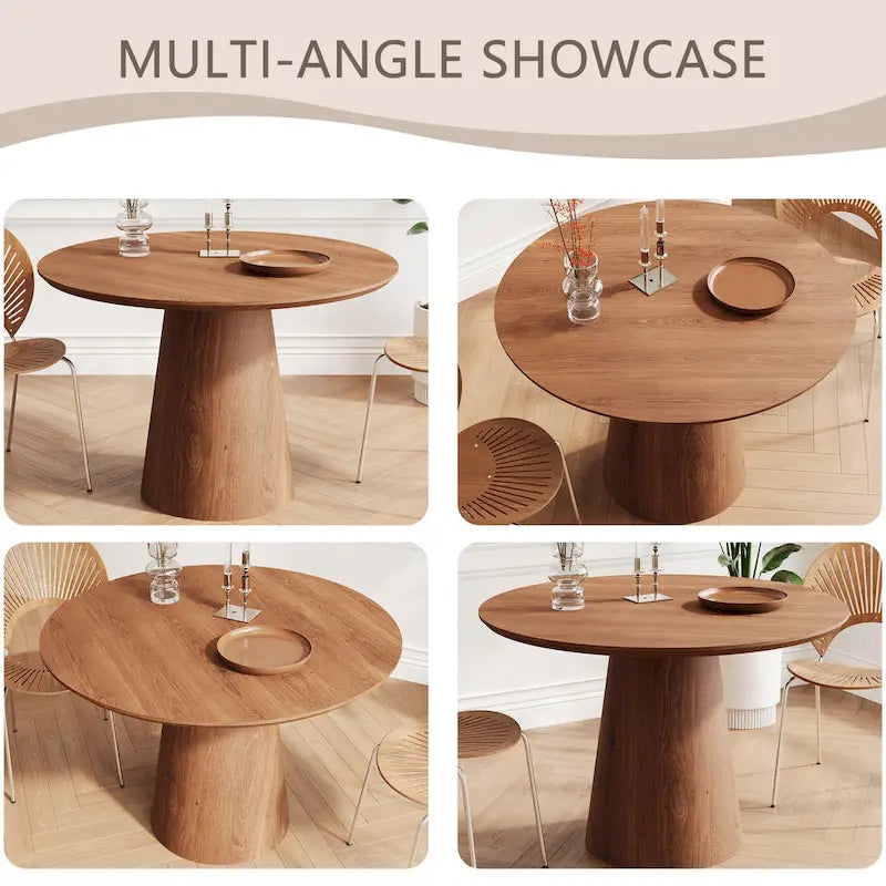 Table ronde de salle à manger pour 4 à 6 personnes, avec veinure naturelle du bois et piétement conique en bois, style rustique minimaliste