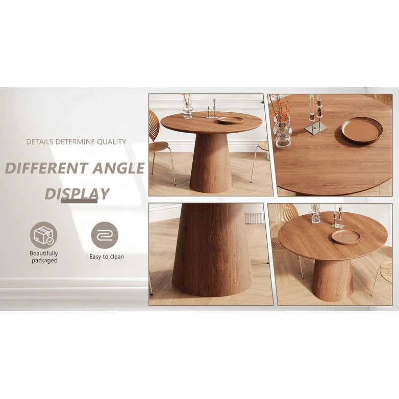 Table ronde de salle à manger pour 4 à 6 personnes, avec veinure naturelle du bois et piétement conique en bois, style rustique minimaliste