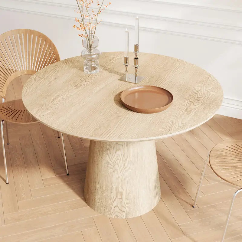 Table ronde de salle à manger pour 4 à 6 personnes, avec veinure naturelle du bois et piétement conique en bois, style rustique minimaliste